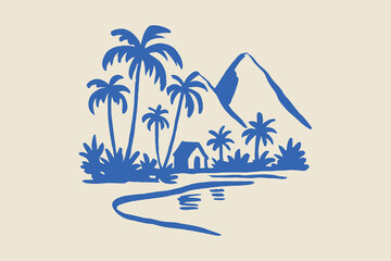 tropical landscape palm trees mountain minimalist doodle line art vector illustration
