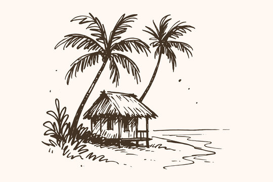 tropical beach hut with palm trees hand-drawn sketch line art vector illustration