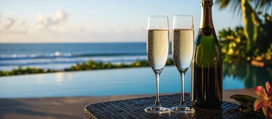 Celebrating special occasions with champagne near tropical ocean view