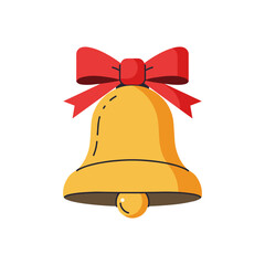 A bright golden bell with a festive red bow tied at the top, depicted in a simple flat cartoon style illustration.