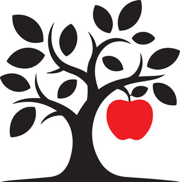 Stylized tree with a single red apple and dark leaves