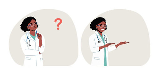 Young doctor thought about it and came up with an idea. Flat style cartoon vector illustration.
