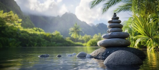 Zen Rocks Balancing on Tranquil Lake Waters with Mountain Backdrop