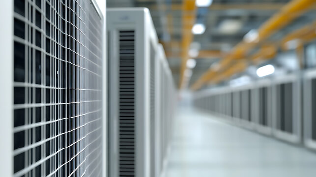 Data center cooling infrastructure. Rows of server racks efficiently manage thermal output in a modern, well-lit facility, ensuring optimal performance. Precise cooling is key. - Powered by Adobe