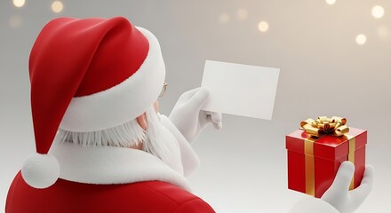 Santa Claus from behind, holding a blank white card and a red gift box with a gold ribbon, against a festive bokeh background.