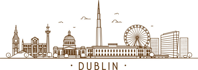 Naklejka premium Dublin City Line Sketch for Travel Agency Branding – Irish Landmarks Drawing for Posters and Souvenirs