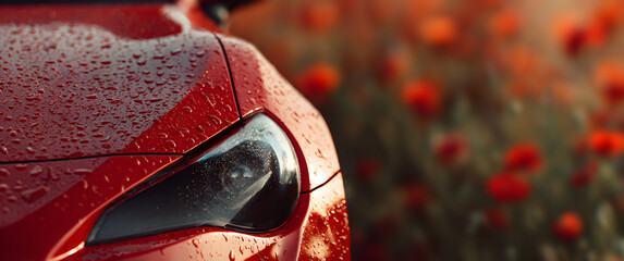 Close-up of a red car headlight with water droplets glistening under soft sunlight, parked beside a blooming poppy field in countryside, capturing the contrast between sleek design and natural beauty