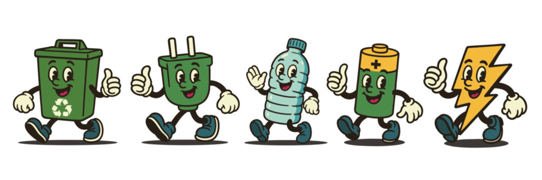 Cute retro eco mascots promoting sustainability with vintage cartoon style recycling and renewable energy icons