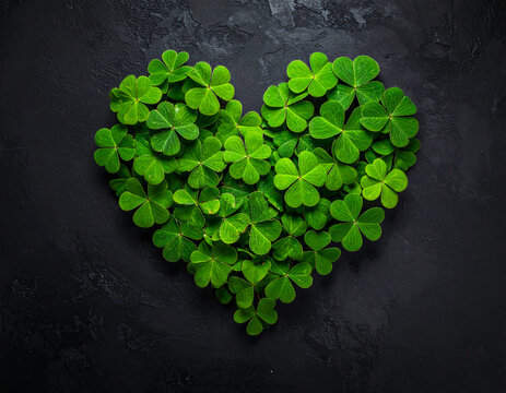 heart shaped green leaves, heart of four leaf clovers isolated on black background