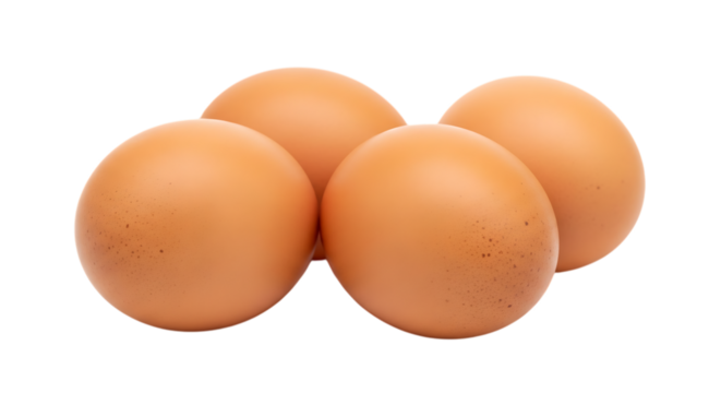 Four brown chicken eggs clustered together with speckled shells, isolated on a white or transparent background, cutout, PNG