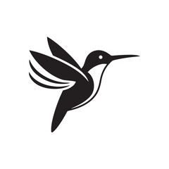 Elegant black silhouette of a hummingbird in flight with wings spread and detailed feathers isolated on a white background