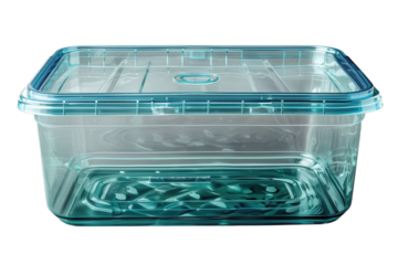 Transparent blue plastic container with lid for food storage and organization on transparent background