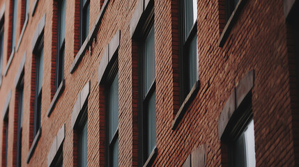 Urban architecture. A red brick building rises with rows of windows, creating a classic architectural detail. The geometric precision offers a glimpse into the city's design.