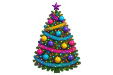 Decorated christmas tree with bright lights, purple star, vibrant tinsel, and shiny baubles, symbolizing holiday cheer