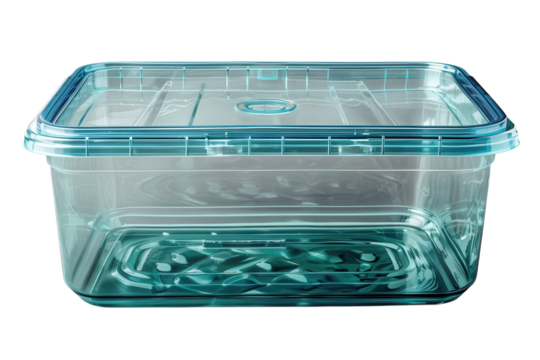 Transparent blue plastic container with lid for food storage and organization on transparent background