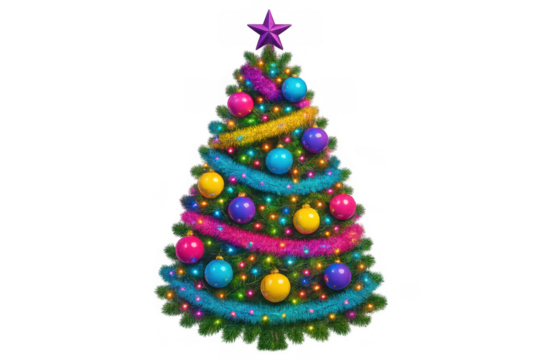 Decorated christmas tree with bright lights, purple star, vibrant tinsel, and shiny baubles, symbolizing holiday cheer
