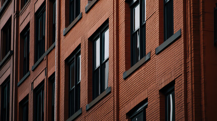 Naklejka premium A brick building facade featuring a symmetrical array of dark-framed windows. The structure's texture and color palette suggest urban resilience and architectural details.