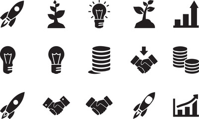 Collection of black silhouette icons representing business growth innovation and success concepts