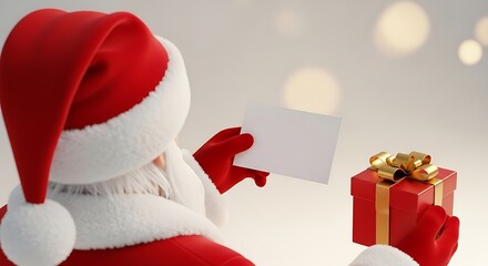 Santa Claus holding a blank card next to a red gift box, a festive holiday scene.