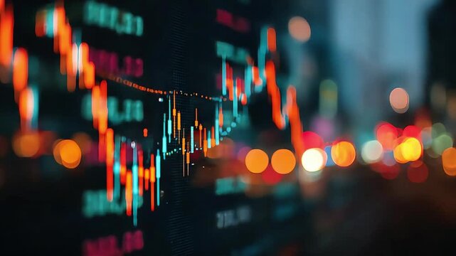 Close up view of blurry stockmarket screen, Camera slow motion with different angles.