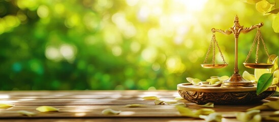 Golden justice scales on a wooden surface with serene nature background