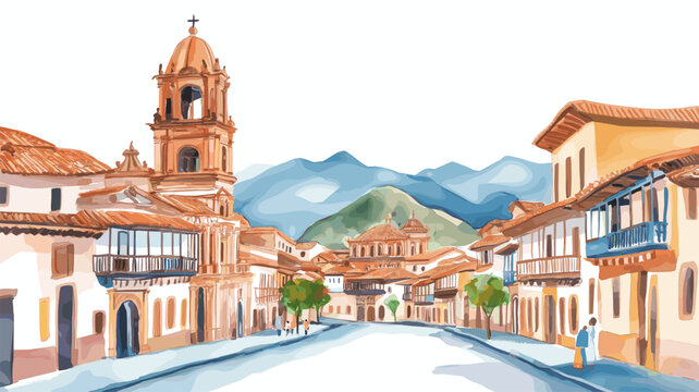 Cusco Historic Center. Cusco Historic Center hand drawn watercolor illustration