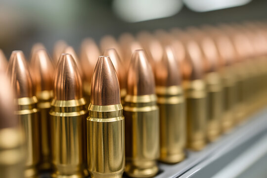 A collection of metallic cartridges neatly arranged in a row. The brass casings gleam under the light, creating a display of precision and preparedness in a controlled environment.