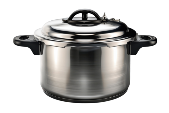 Stainless steel pressure cooker with black handles for kitchen cooking on transparent background