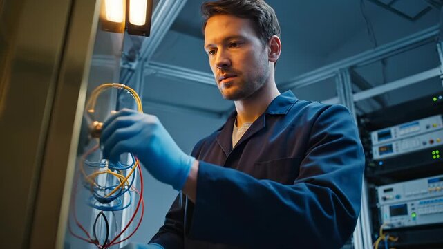 cable plug connector linked to patch on server rack. network maintenance and repair for infrastructure and data system. ethernet fiber wire port switch router modem hardware equipment label.