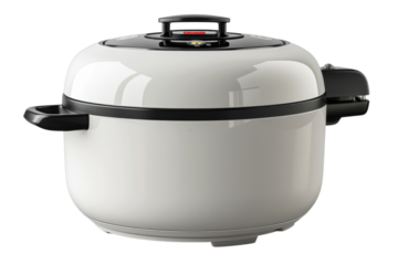 Modern white electric pressure cooker with black accents for kitchen appliance product photography use on transparent background