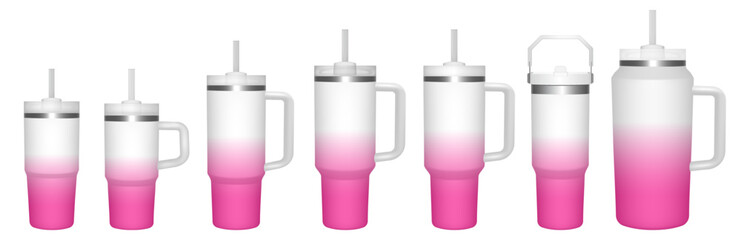 Thermo cup with handle and straw. 14, 30, 40, 64 oz. Travel thermos. Set of white and pink gradient mugs. Tumbler or quencher