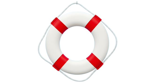 White life preserver ring with red bands and rope detail, isolated on a white or transparent background, cutout, PNG