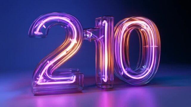 Neon number 210 with blue and purple illumination on dark background