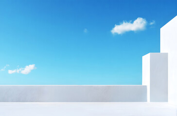 Minimalist white wall with a blue sky background, showcasing a modern living room interior filled with natural light, clean lines, and calm atmosphere, designed to express elegance