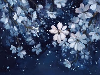 Dreamy Blue White Cherry Blossoms on Branches with Sparkling Dust, Ethereal Floral Design, Soft Petals in Bloom on Dark Blue Background, Serene Night Garden