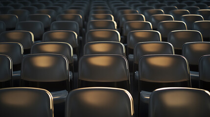 Naklejka premium A grid of empty seats, bathed in a soft, warm light. The composition creates a sense of anticipation and order, highlighting the rows of seats in a symmetrical pattern. Awaiting.