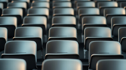 Rows of Empty Seats. A symmetrical image showcasing the repetitive pattern of seating in a theater or auditorium. The seats are monotone with subtle gradients of lighting. Modern design.