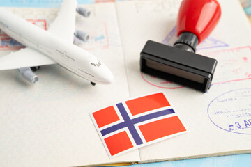 Norway passport with approved stamp on document for tourism to immigration at airport in country.