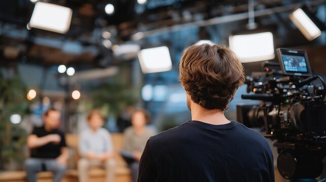 Modern video production studio with LED panels, camera rigs, and a crew preparing lighting setup, emotion of focus and teamwork visible, representing film industry workflow, content creation, and