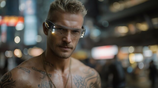 Cyberpunk character standing in rain-soaked neon alley wearing augmented reality glasses and glowing tattoos, symbolizing digital rebellion, futuristic identity, and high-tech street aesthetic in