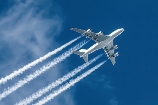 Large commercial airplane flying at high altitude, leaving behind four white contrails against a bright blue sky with wispy clouds, symbolizing modern aviation, global travel, and flight technology - Powered by Adobe