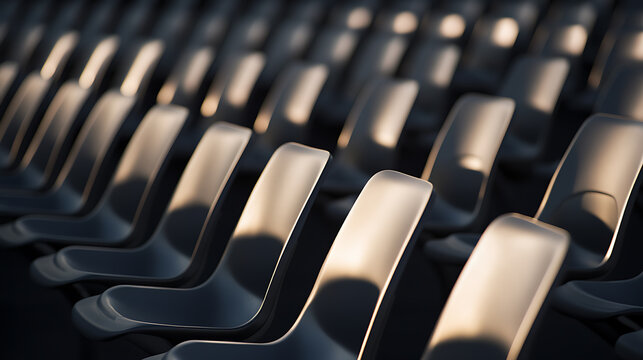 Rows of stadium seats bask in gentle sunlight, creating a rhythmic pattern. The interplay of light and shadow enhances their architectural form, inviting reflection. The design suggests anticipation.