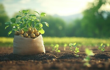Abundant potato harvest in a sack with new crops on the field landscape