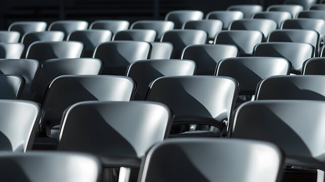 Rows of seats in a pattern with shadows, emphasizing depth and order. A minimalist and elegant visual with the play of light, texture, and repetition.