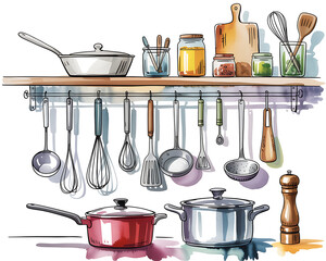 Watercolor illustration of a well stocked kitchen shelf with hanging utensils and pots
