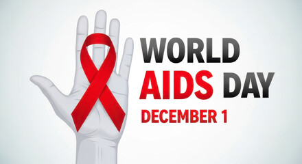 World aids day december 1st awareness with red ribbon on open hand and text