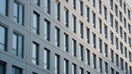 Facade features rows of rectangular windows in a repetitive pattern. The structure, bathed in natural light, creates a sense of architectural harmony and modern design.