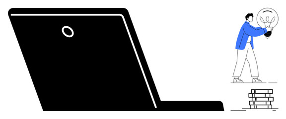 Giant laptop screen with a person holding a light bulb beside a stack of books. Ideal for creativity, innovation, learning, technology, problem-solving, education, knowledge-sharing, simple flat