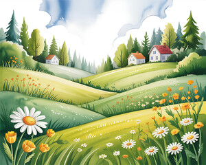 Idyllic watercolor landscape with rolling hills and wildflowers in summer