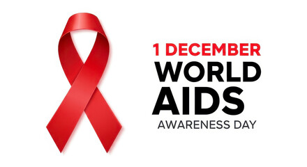 Red ribbon symbol for world aids awareness day on december 1st with text